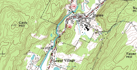 USGS topographic map detail showing contour lines that trace elevation changes across hills and valleys.