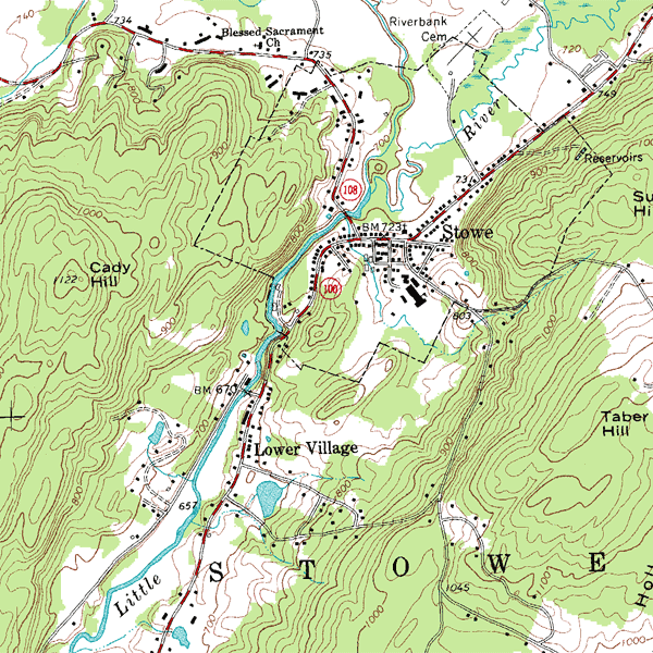 USGS topographic map detail showing contour lines that trace elevation changes across hills and valleys.