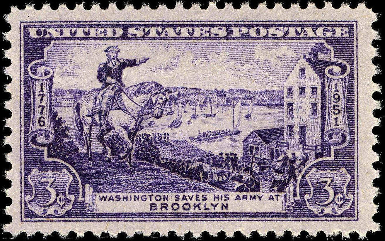 A commemorative stamp showing Washington's night evacuation from Brooklyn across the East River.