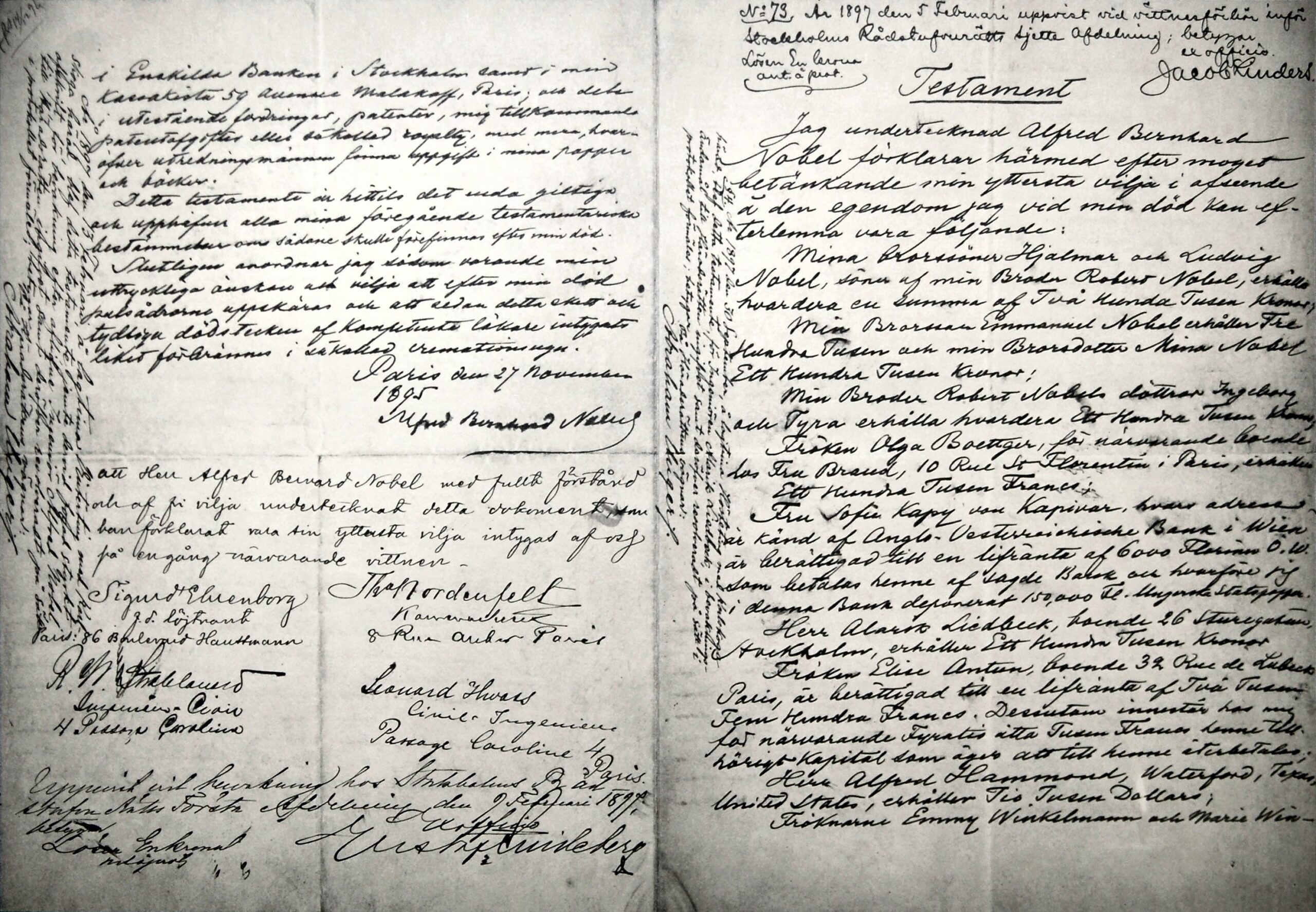 Handwritten pages from Alfred Nobel's 1895 will