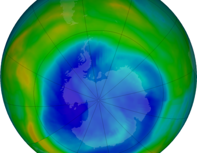False-color NASA map showing low ozone over Antarctica on August 30, 2026