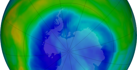 False-color NASA map showing low ozone over Antarctica on August 30, 2026