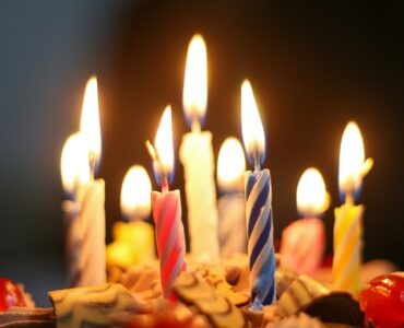 Colorful candles burning on a birthday cake