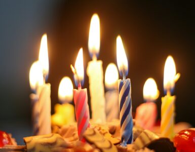 Colorful candles burning on a birthday cake