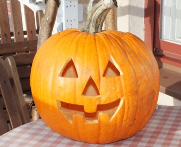 A freshly carved jack-o'-lantern displayed outdoors in daylight.
