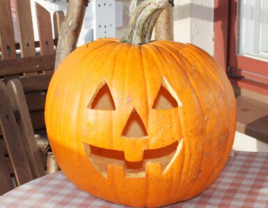 A freshly carved jack-o'-lantern displayed outdoors in daylight.