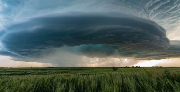 A large supercell thunderstorm over green prairie fields