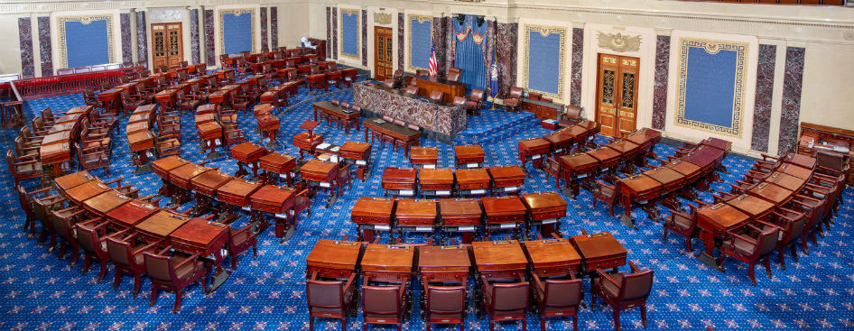 The United States Senate chamber, representing congressional debate over appropriations and budget deadlines.