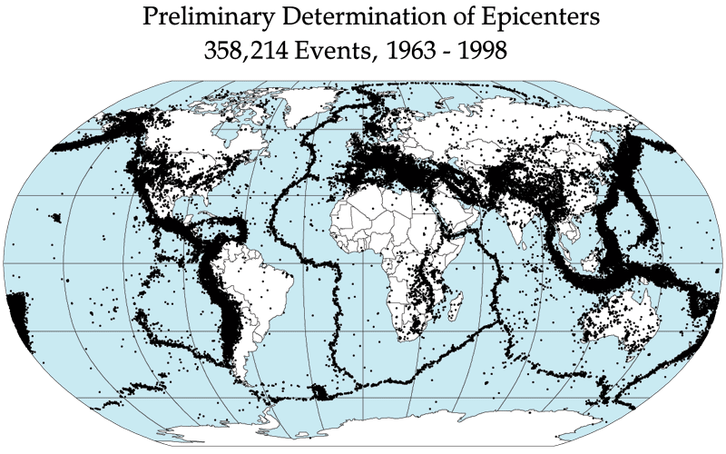 World map showing earthquake epicenters clustered along plate boundaries from 1963 to 1998