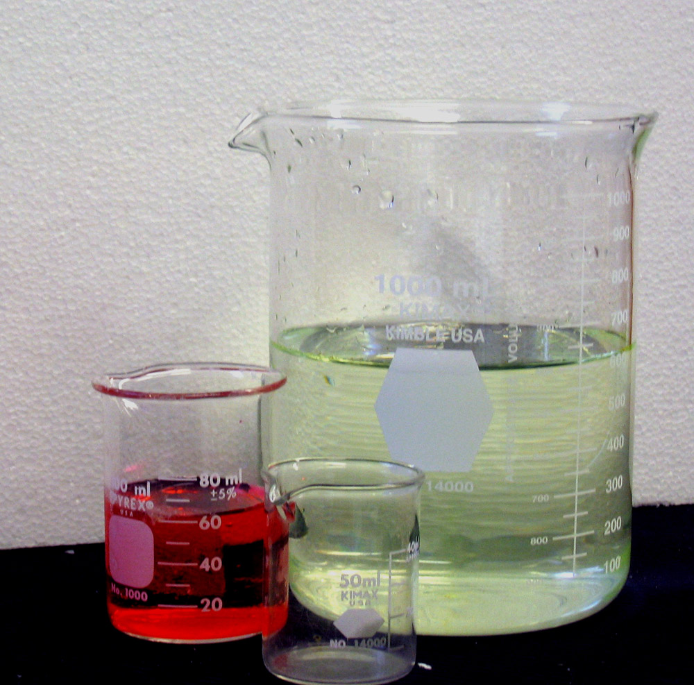 Three laboratory beakers representing how material amounts, moisture, and oxygen supply change chemical reaction rates.