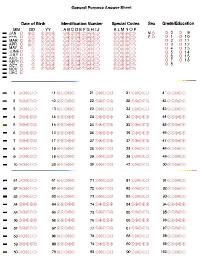 A legacy optical mark recognition form with printed registration marks and marked answer areas.