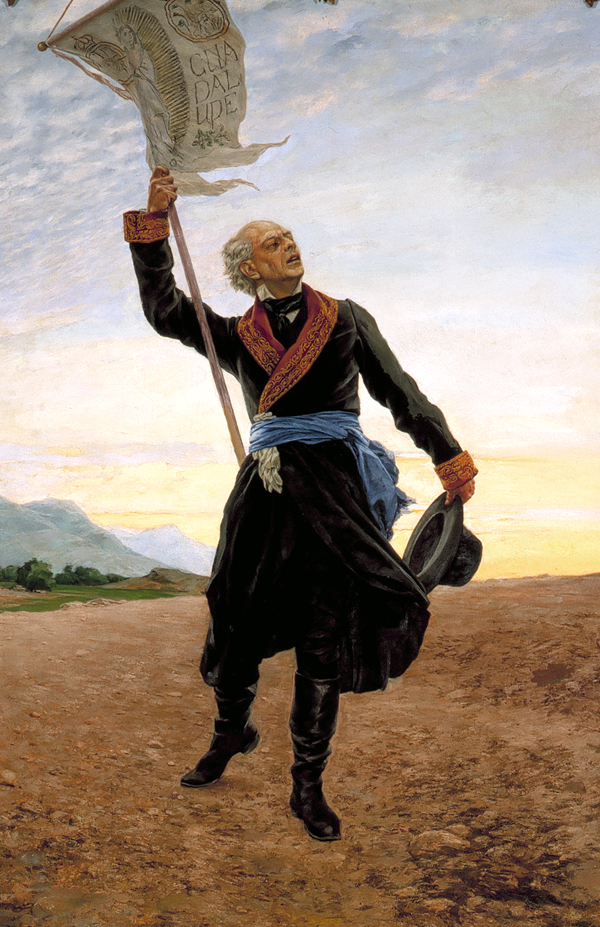 Painting of Miguel Hidalgo holding a banner during Mexico's independence movement.