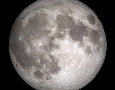 A detailed full Moon with bright highlands, dark maria, and visible cratered terrain.