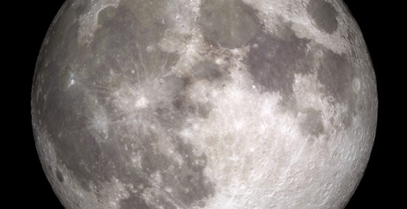 A detailed full Moon with bright highlands, dark maria, and visible cratered terrain.
