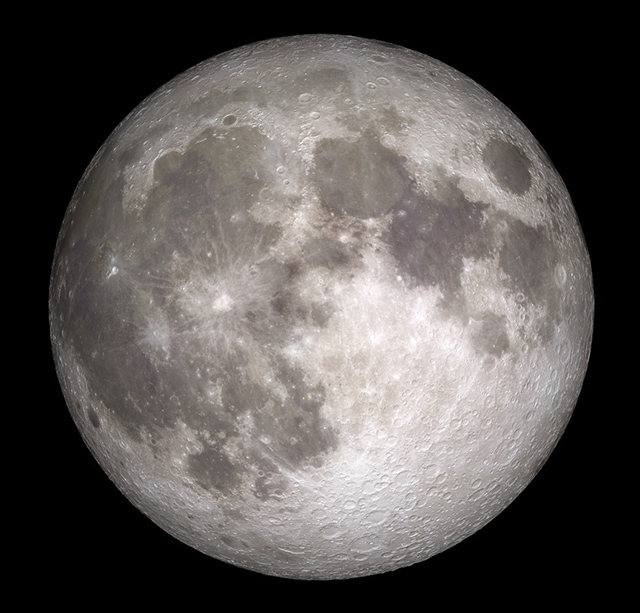A detailed full Moon with bright highlands, dark maria, and visible cratered terrain.