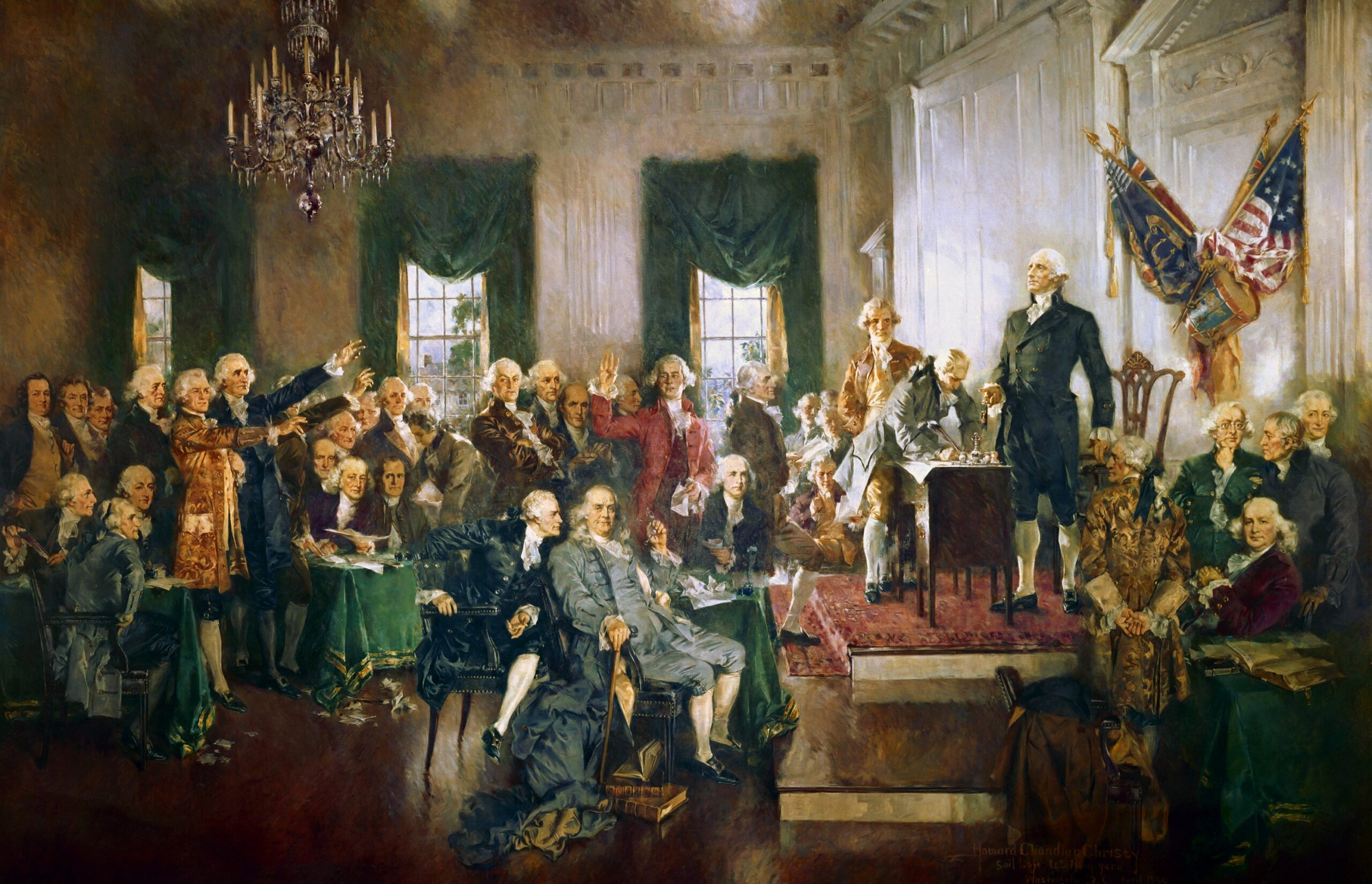 A painting of delegates signing the United States Constitution, representing debates over rights and federal power.