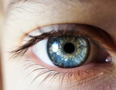 Close-up of a human eye, representing how vision depends on incoming light and the brain's interpretation.