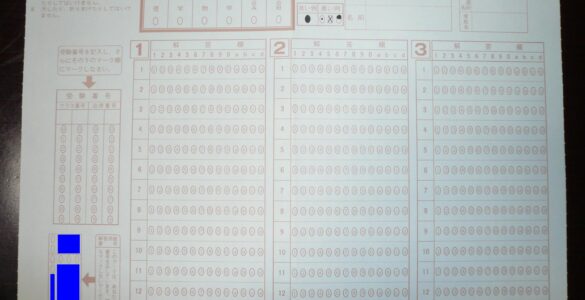 A machine-readable answer sheet with filled marks that can be detected by optical mark recognition software.