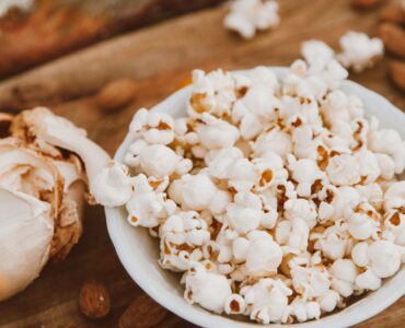 Close-up of freshly popped popcorn in a bowl