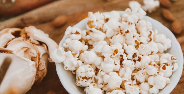 Close-up of freshly popped popcorn in a bowl