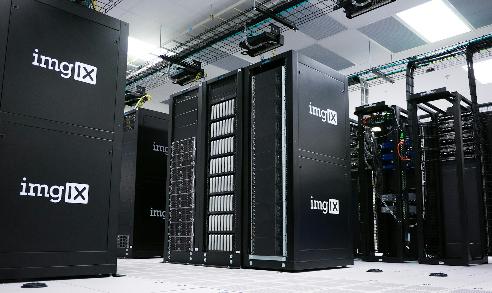 Rows of server racks in a data center