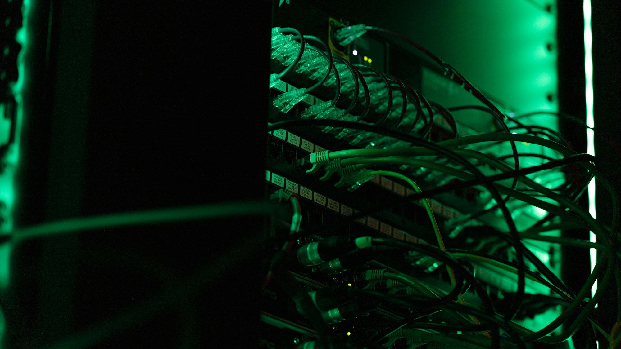 Close-up of computer servers with status lights