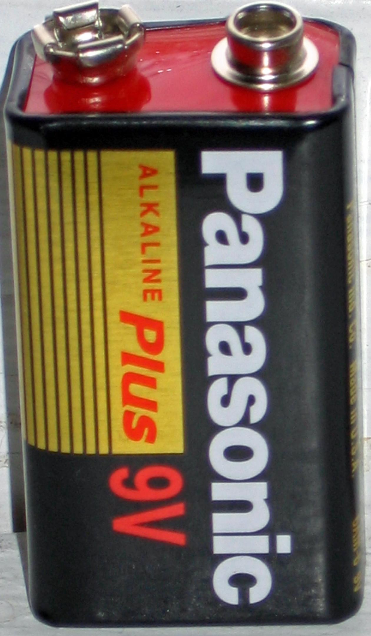 A nine-volt alkaline battery of the type used by some smoke alarms.