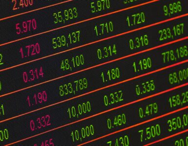 Electronic stock market board displaying changing prices in red and green