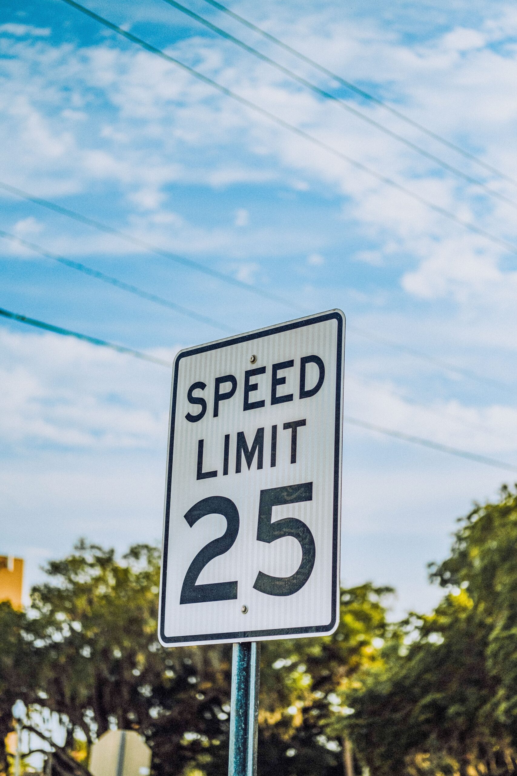 A white speed limit 25 sign beside a road in the United States
