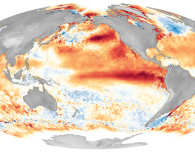 Map of warmer-than-average sea surface temperatures across the equatorial Pacific during El Niño.