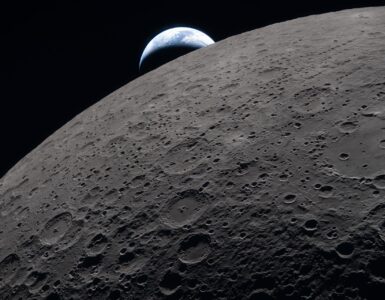 Crescent Earth setting beyond the Moon during the Artemis II lunar flyby