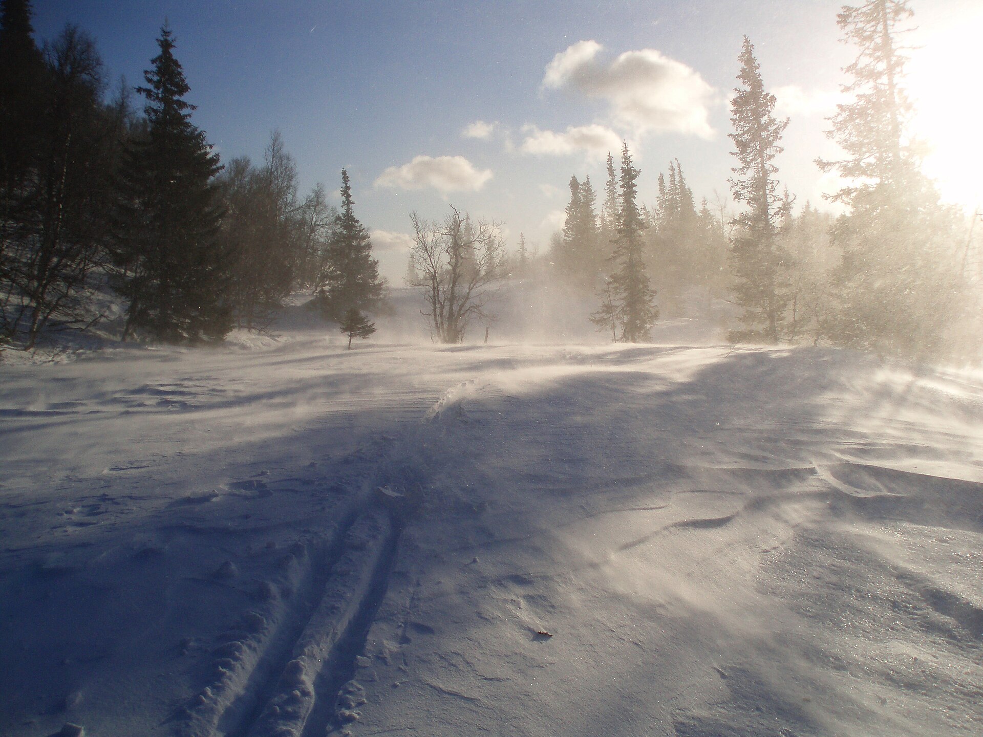 Strong winter wind blowing loose snow across a mountain landscape