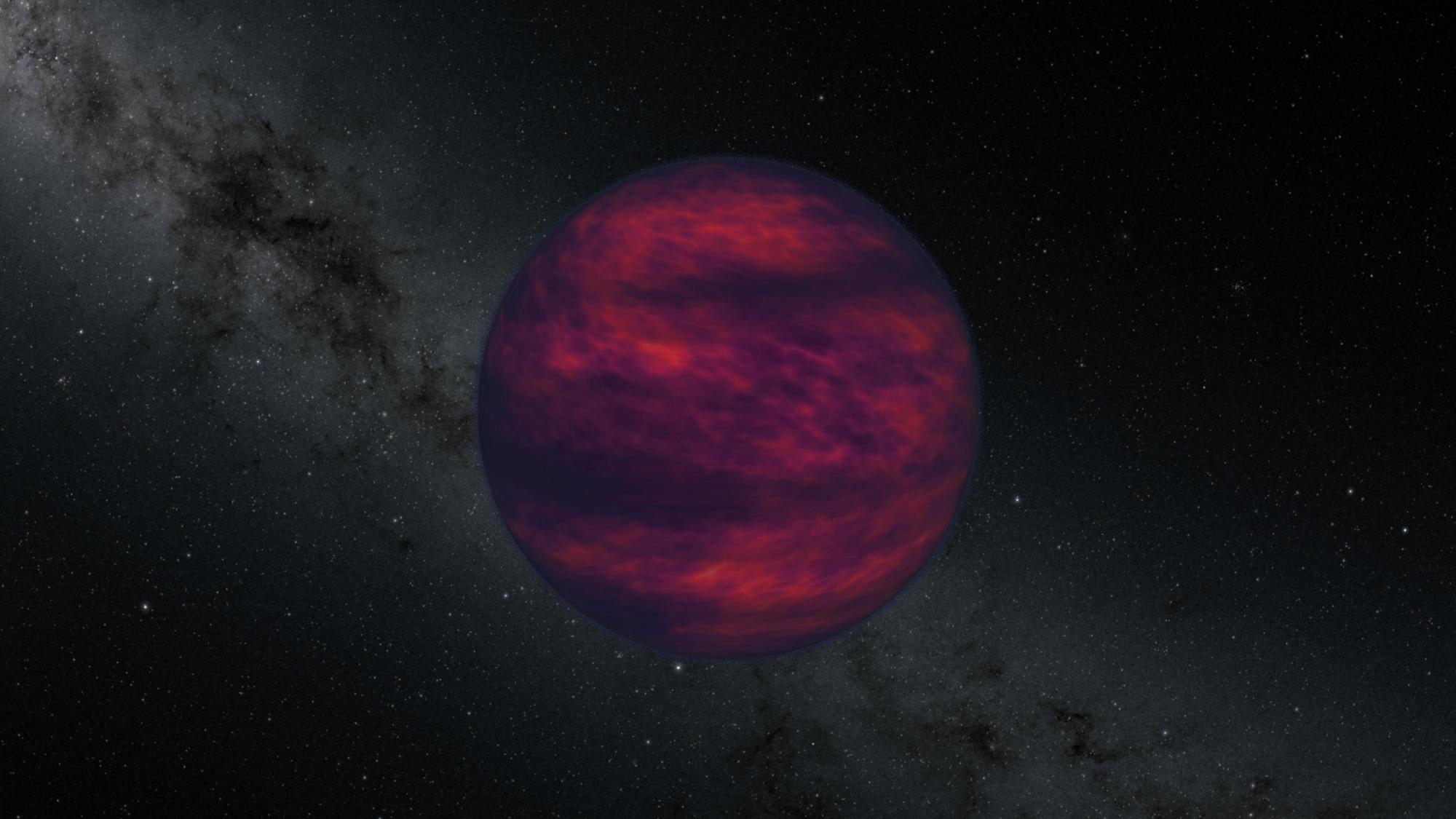Artist concept of a reddish brown dwarf glowing faintly against a field of stars.