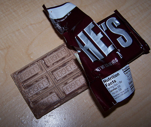 Chocolate bar with a patchy white coating across its surface