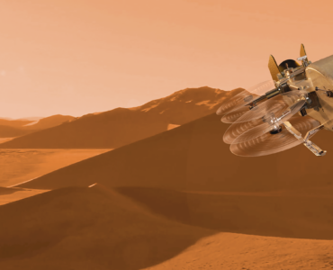 Artist's concept of NASA's Dragonfly rotorcraft flying over the dunes of Titan