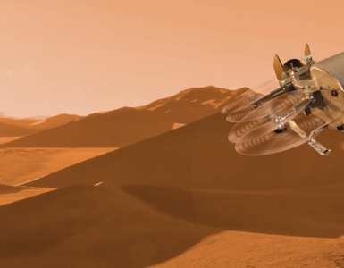 Artist's concept of NASA's Dragonfly rotorcraft flying over the dunes of Titan