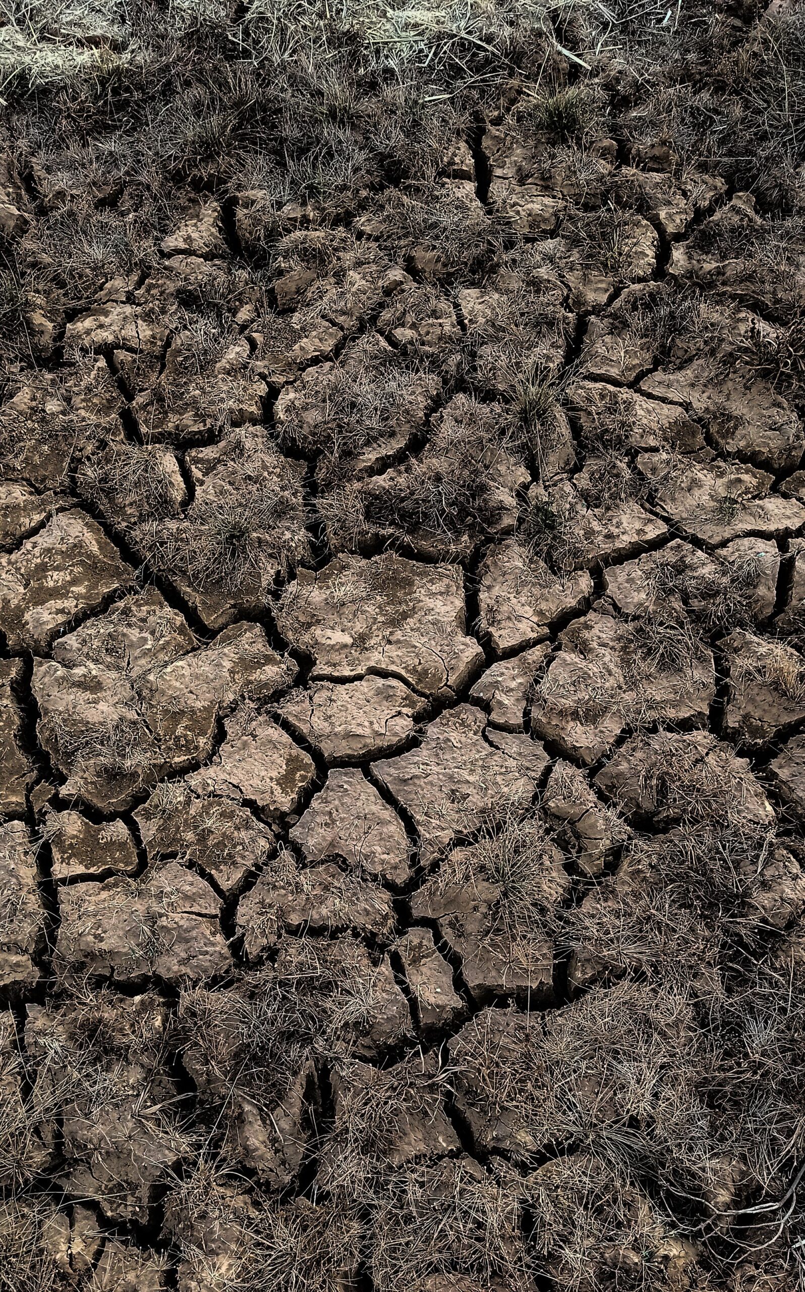 Aerial view of dry cracked earth during drought conditions