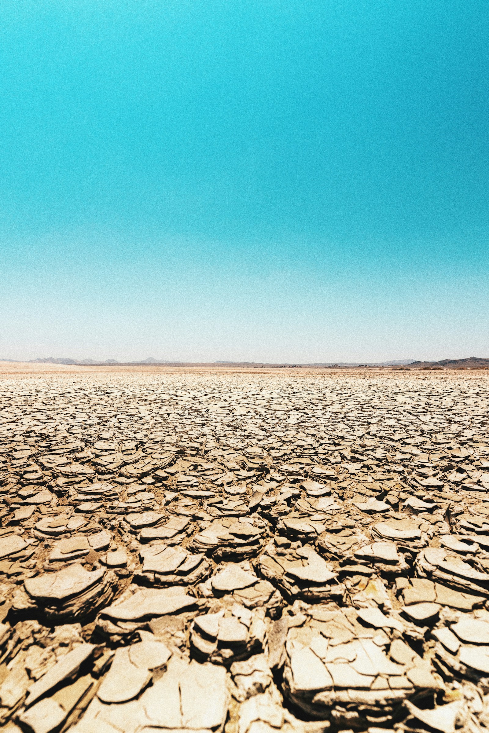 Cracked dry ground stretching toward the horizon under a blue sky