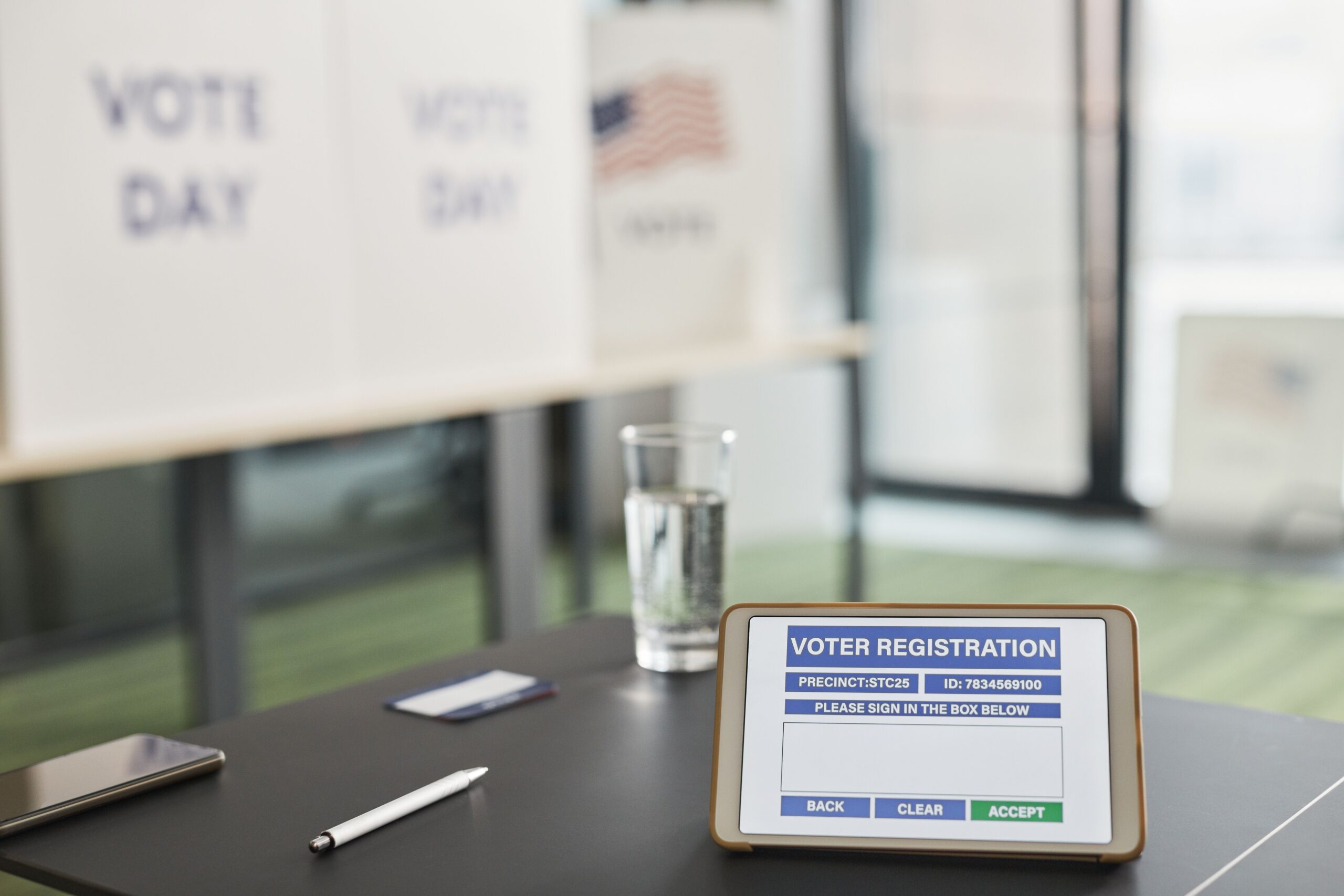 Tablet used to check voter registration at a polling place