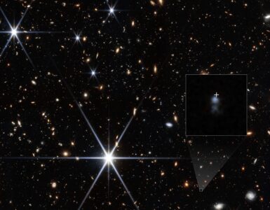 Webb image of a deep galaxy field with the tiny host galaxy of fast radio burst FRB 20240304B enlarged in an inset