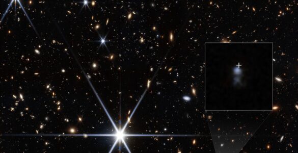Webb image of a deep galaxy field with the tiny host galaxy of fast radio burst FRB 20240304B enlarged in an inset