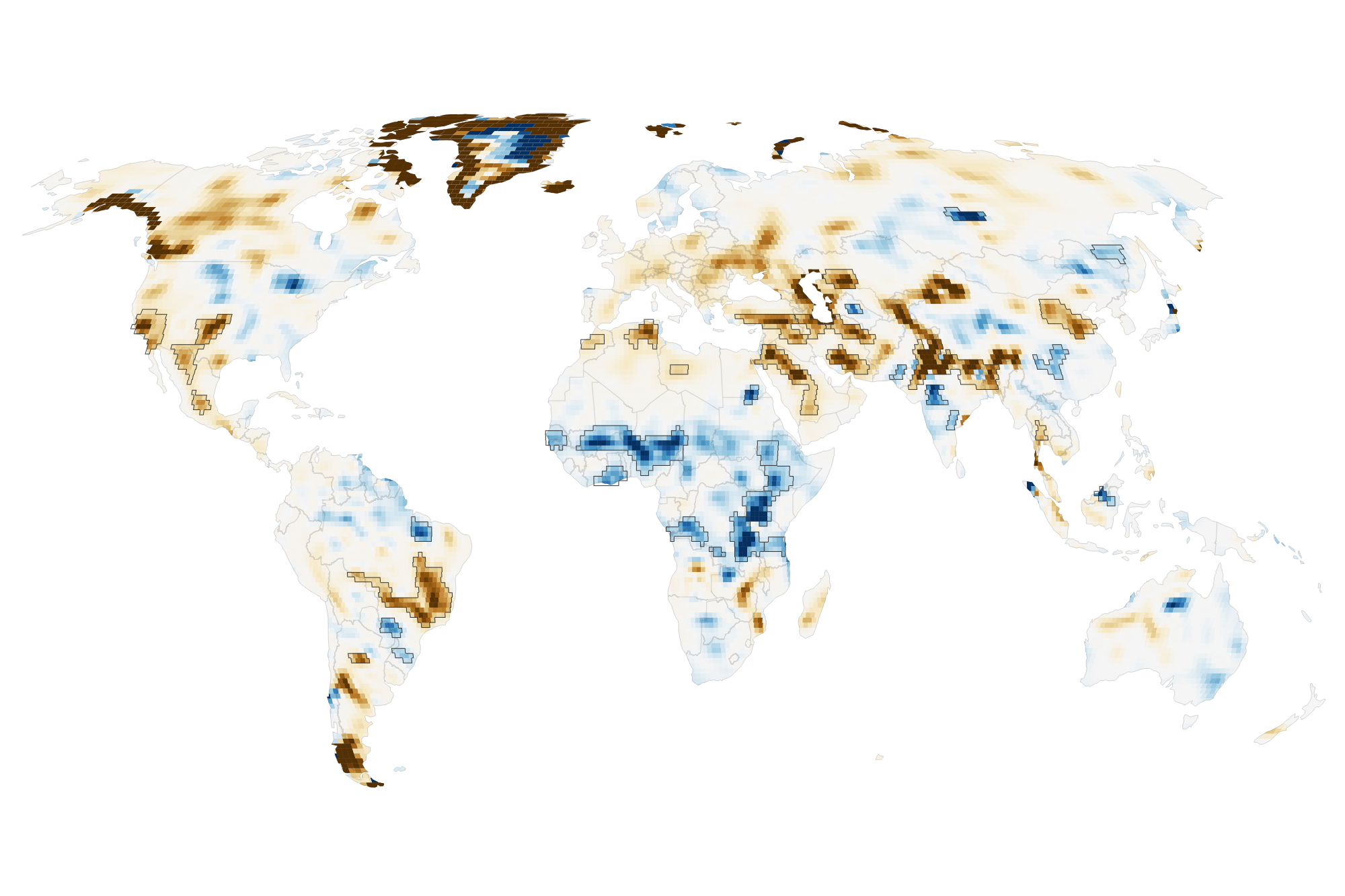 World map showing gains and losses in terrestrial water storage from 2002 to 2025