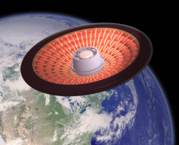 Illustration of NASA's LOFTID inflatable heat shield above Earth