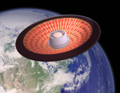Illustration of NASA's LOFTID inflatable heat shield above Earth