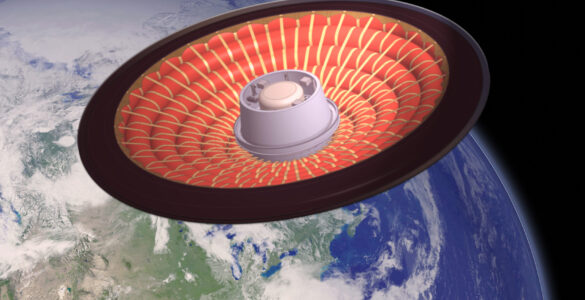 Illustration of NASA's LOFTID inflatable heat shield above Earth
