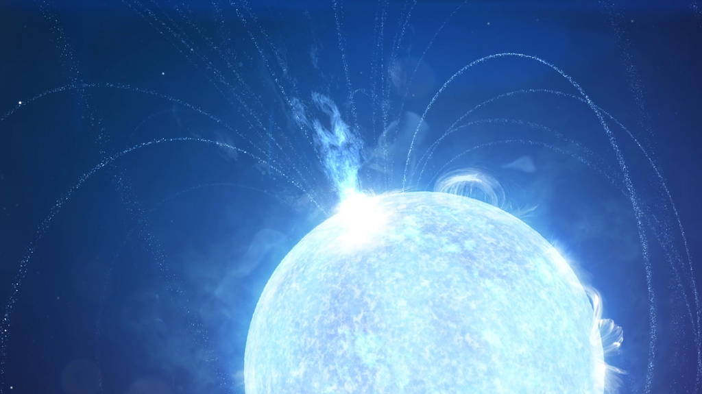 Illustration of a powerful outburst erupting from a highly magnetized neutron star