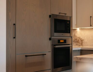Built-in microwave oven in a modern home kitchen