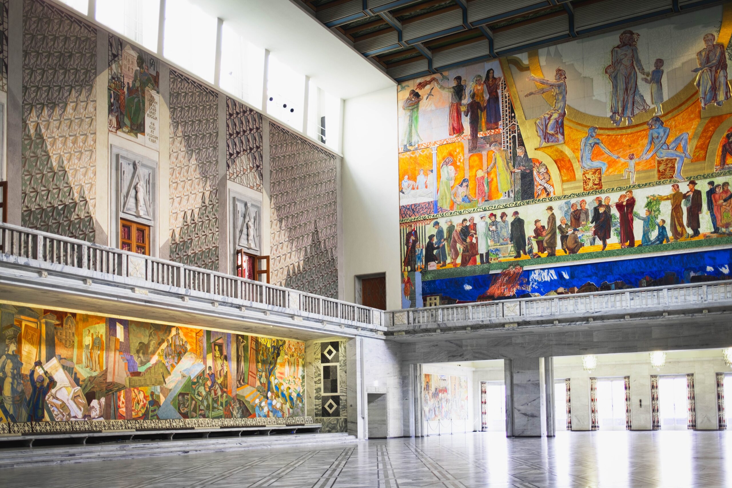 Murals inside Oslo City Hall, the Nobel Peace Prize ceremony venue