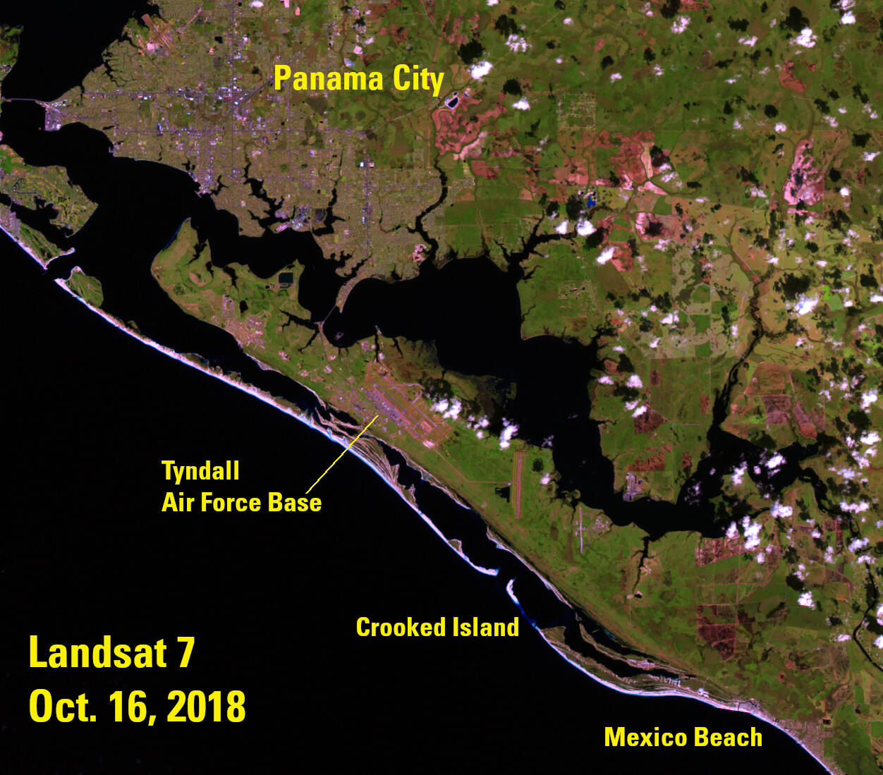 Satellite view of Panama City, Florida, after Hurricane Michael showing flooding and vegetation loss