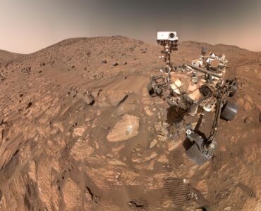 NASA's Perseverance rover on the rocky surface of Mars at Cheyava Falls